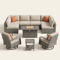 Patio Furniture Set Built for All Weather, 9 Piece Wicker, 42 Inch Fire Pit, Swivel Chairs, Solar Table