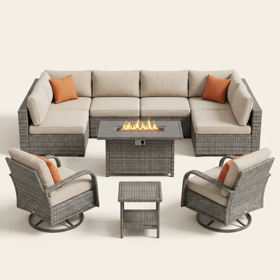 Patio Furniture Set Built for All Weather, 9 Piece Wicker, 42 Inch Fire Pit, Swivel Chairs, Solar Table