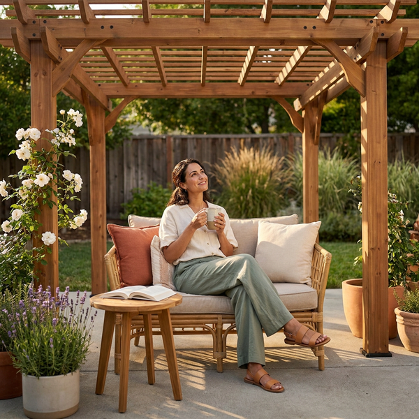 Cedar Wood Pergola Built for Patio Shade, 10x10 Ft Traditional Design, All Cedar Construction, Ground Anchor System