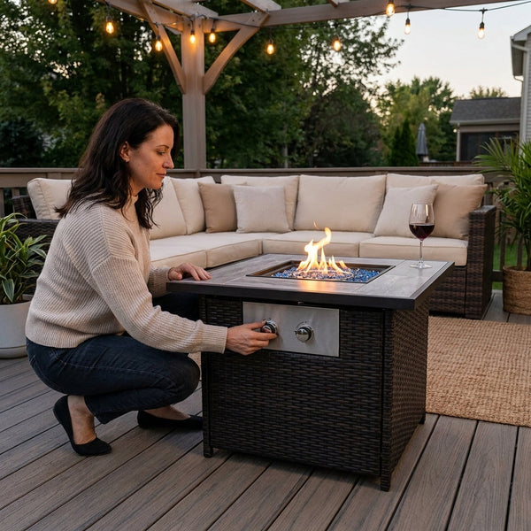 Propane Fire Pit Table Designed for Outdoor Entertaining, 32 Inch, 40,000 BTU, Auto-Ignition