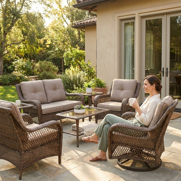 Patio Conversation Set Built for Outdoor Living, 8 Pieces, Swivel Rocking Chairs, High-Back Wicker