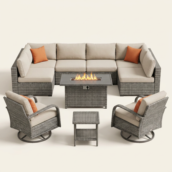 9 Pieces Patio Furniture Set All Weather Wicker Outdoor Conversation Set with 42" Fire Pit outside Furniture Patio Sofa with Swivel Chairs & Solar Table, Beige — Studio Shot