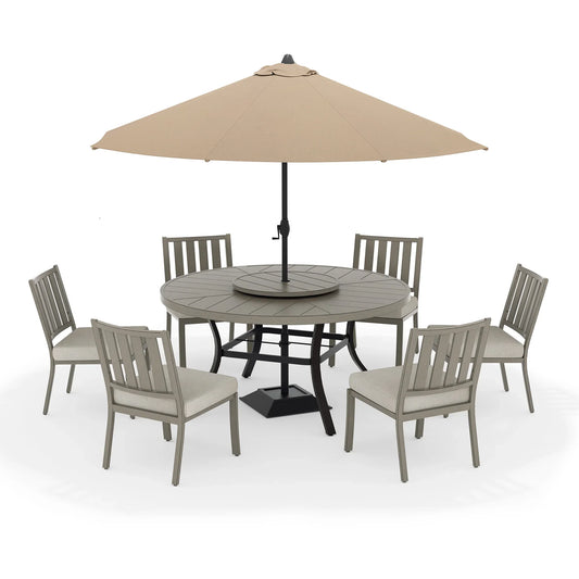 PEAKHOME Azur Patio 8PCS Round Dining Set With Lazy Susan and Sunbrella Umbrella And Cushion