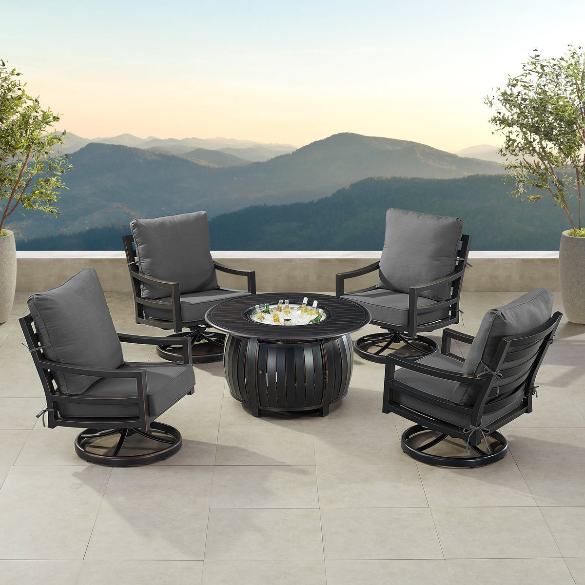 Black Aluminum Fire Table Set with Four Club Chairs