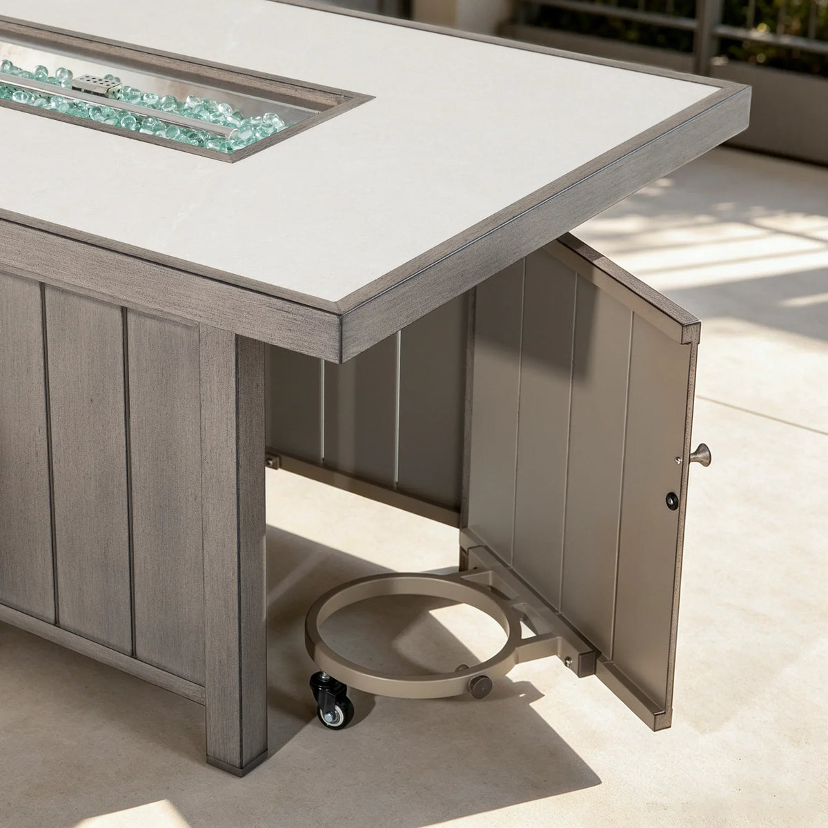 Marindo 4-Piece Faux-Wood Aluminum Swivel Patio Conversation Set with Fire Pit Table