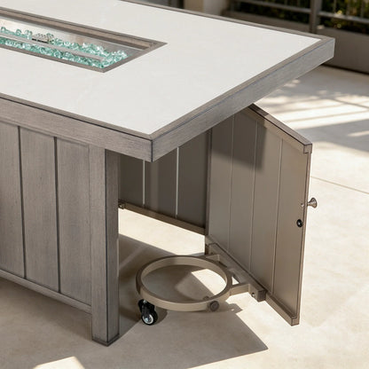 Marindo 4-Piece Faux-Wood Aluminum Swivel Patio Conversation Set with Fire Pit Table