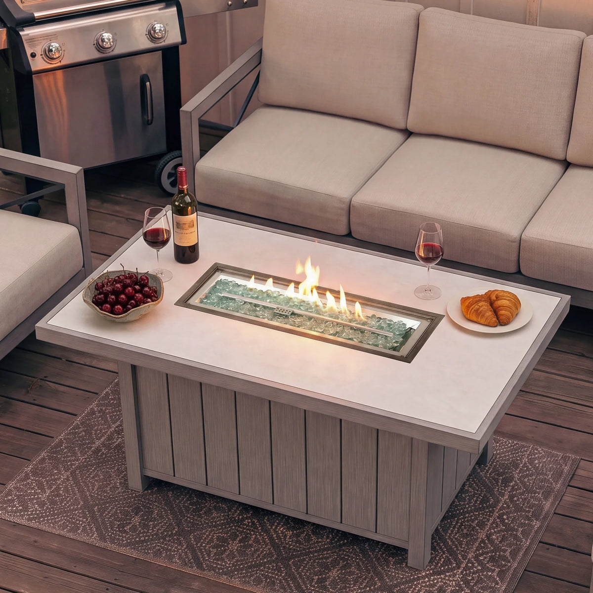 Marindo 4-Piece Faux-Wood Aluminum Swivel Patio Conversation Set with Fire Pit Table