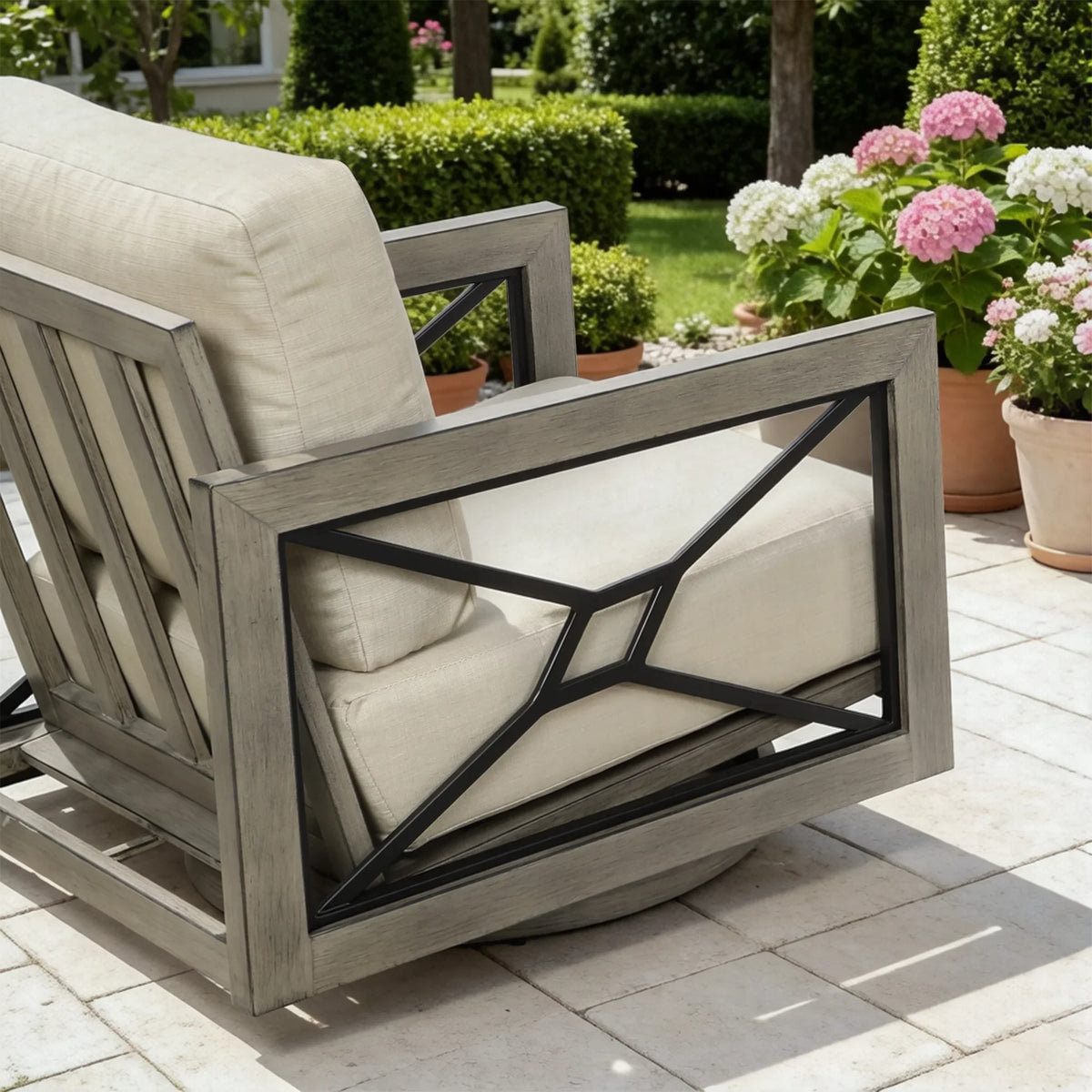 Marindo 4-Piece Faux-Wood Aluminum Swivel Patio Conversation Set with Fire Pit Table