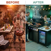 Outdoor Kitchen Island Built for Premium Grilling, 70" Black Stainless Steel, 4-Burner BBQ, Built-In Refrigerator — Before & After