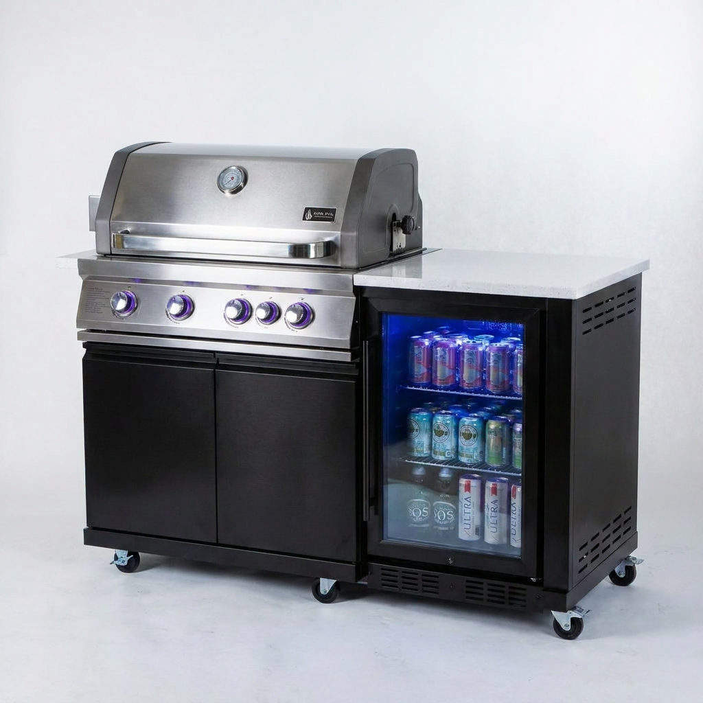 Outdoor Kitchen Island Built for Premium Grilling, 70" Black Stainless Steel, 4-Burner BBQ, Built-In Refrigerator — Studio Shot