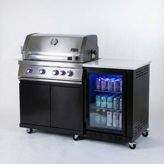 Outdoor Kitchen Island Built for Premium Grilling, 70" Black Stainless Steel, 4-Burner BBQ, Built-In Refrigerator — Studio Shot