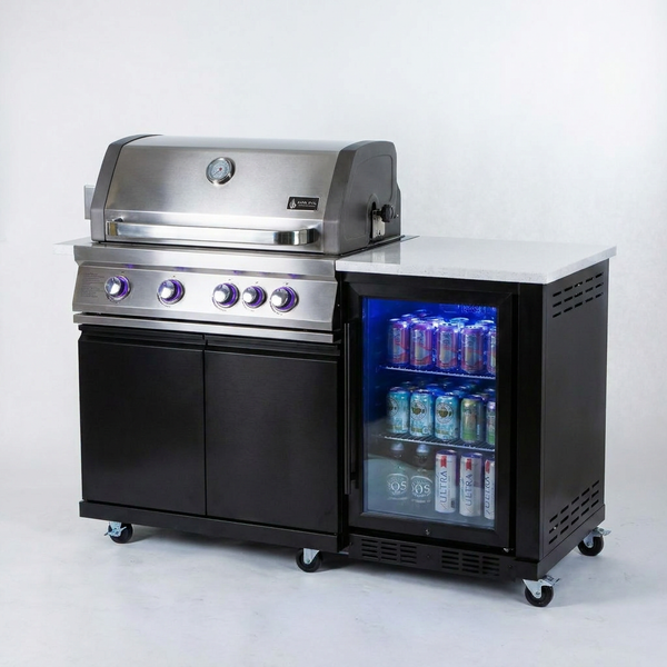 Outdoor Kitchen Island Built for Premium Grilling, 70" Black Stainless Steel, 4-Burner BBQ, Built-In Refrigerator — Studio Shot