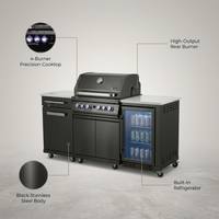 Outdoor Kitchen Island Built for Premium Grilling, 70" Black Stainless Steel, 4-Burner BBQ, Built-In Refrigerator — infographic