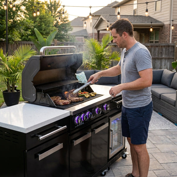 Outdoor Kitchen Island Built for Premium Grilling, 70" Black Stainless Steel, 4-Burner BBQ, Built-In Refrigerator