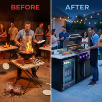 Premium 70" Black Stainless Steel Outdoor Kitchen Island with Refrigerator + 32"W 4-Burner BBQ Grill with Rear Burner — Before & After