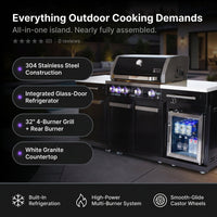 Premium 70" Black Stainless Steel Outdoor Kitchen Island with Refrigerator + 32"W 4-Burner BBQ Grill with Rear Burner — Results & Stats