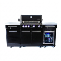 Premium 70" Black Stainless Steel Outdoor Kitchen Island with Refrigerator + 32"W 4-Burner BBQ Grill with Rear Burner — Studio Shot