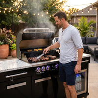 Premium 70" Black Stainless Steel Outdoor Kitchen Island with Refrigerator + 32"W 4-Burner BBQ Grill with Rear Burner — Lifestyle