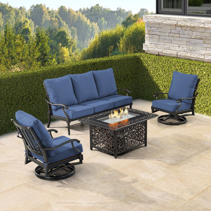 Black Aluminum Fire Table Set with Sofa and Two Club Chairs