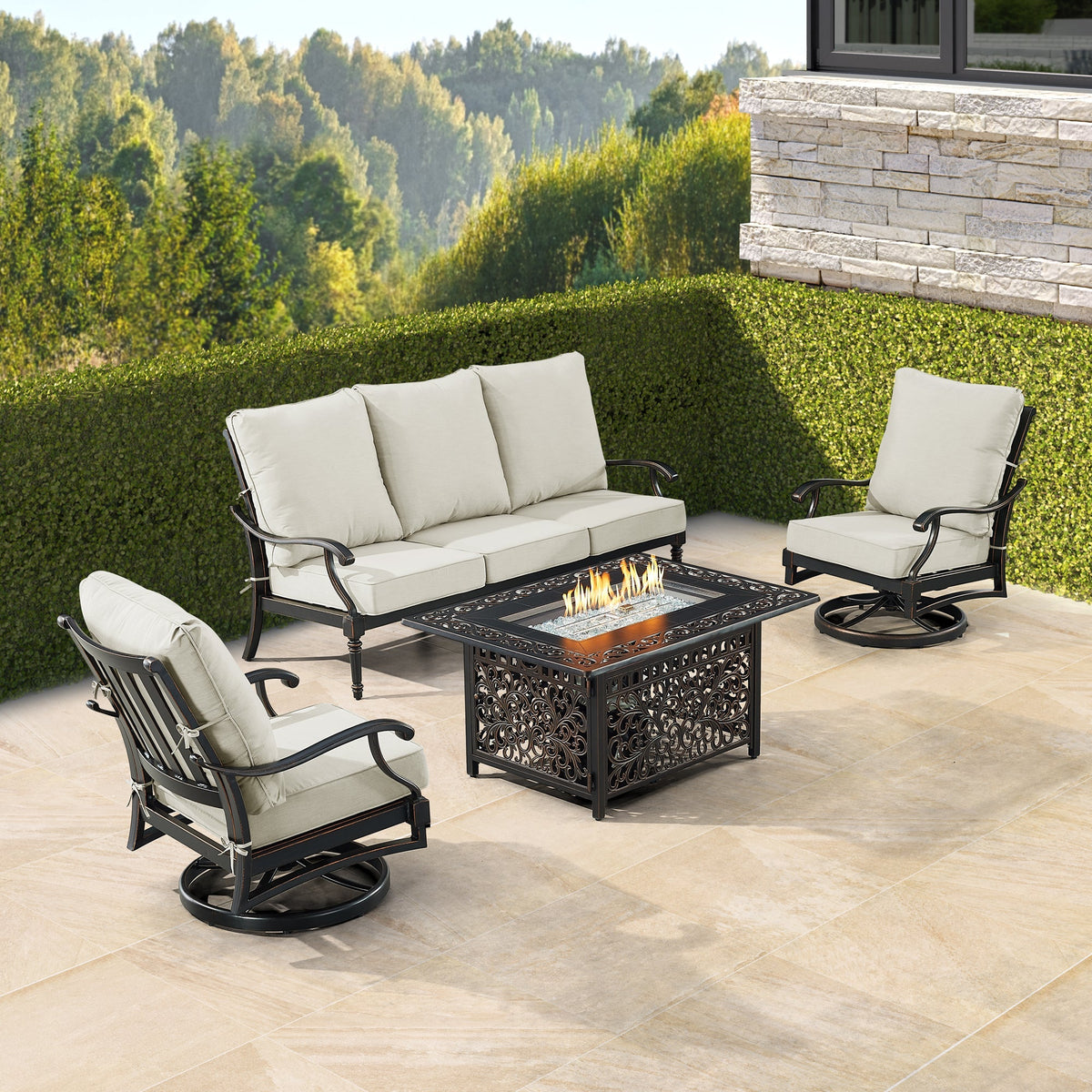 Black Aluminum Fire Table Set with Sofa and Two Club Chairs