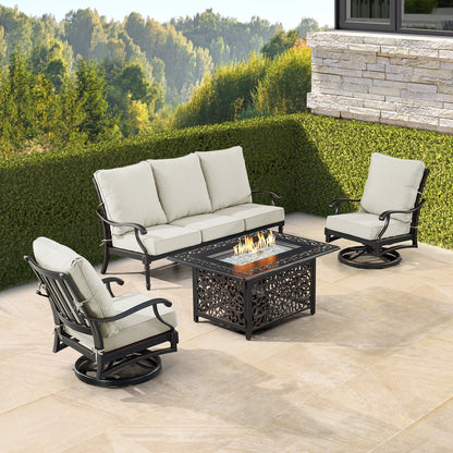 Black Aluminum Fire Table Set with Sofa and Two Club Chairs