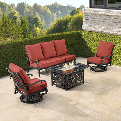 Black Aluminum Fire Table Set with Sofa and Two Club Chairs