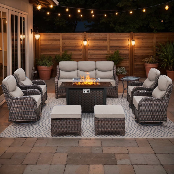 9 Pieces Patio Furniture Sets with Fire Pit Table,Swivel Chairs with 6" Thick Cushion,Sofa and Ottomans,Patio Conversation Sets for Porch Deck Garden Backyard
