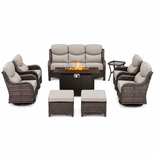 9 Pieces Patio Furniture Sets with Fire Pit Table,Swivel Chairs with 6" Thick Cushion,Sofa and Ottomans,Patio Conversation Sets for Porch Deck Garden Backyard