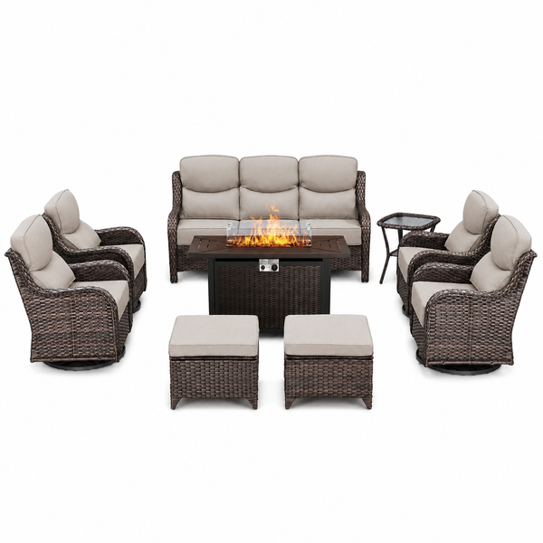 9 Pieces Patio Furniture Sets with Fire Pit Table,Swivel Chairs with 6" Thick Cushion,Sofa and Ottomans,Patio Conversation Sets for Porch Deck Garden Backyard