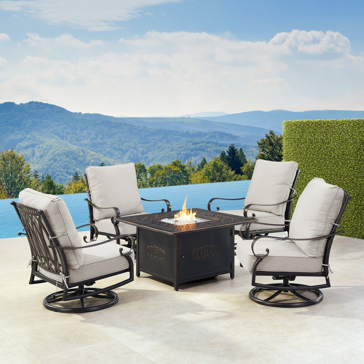 Aluminum Fire Table Set with Four Club Chairs