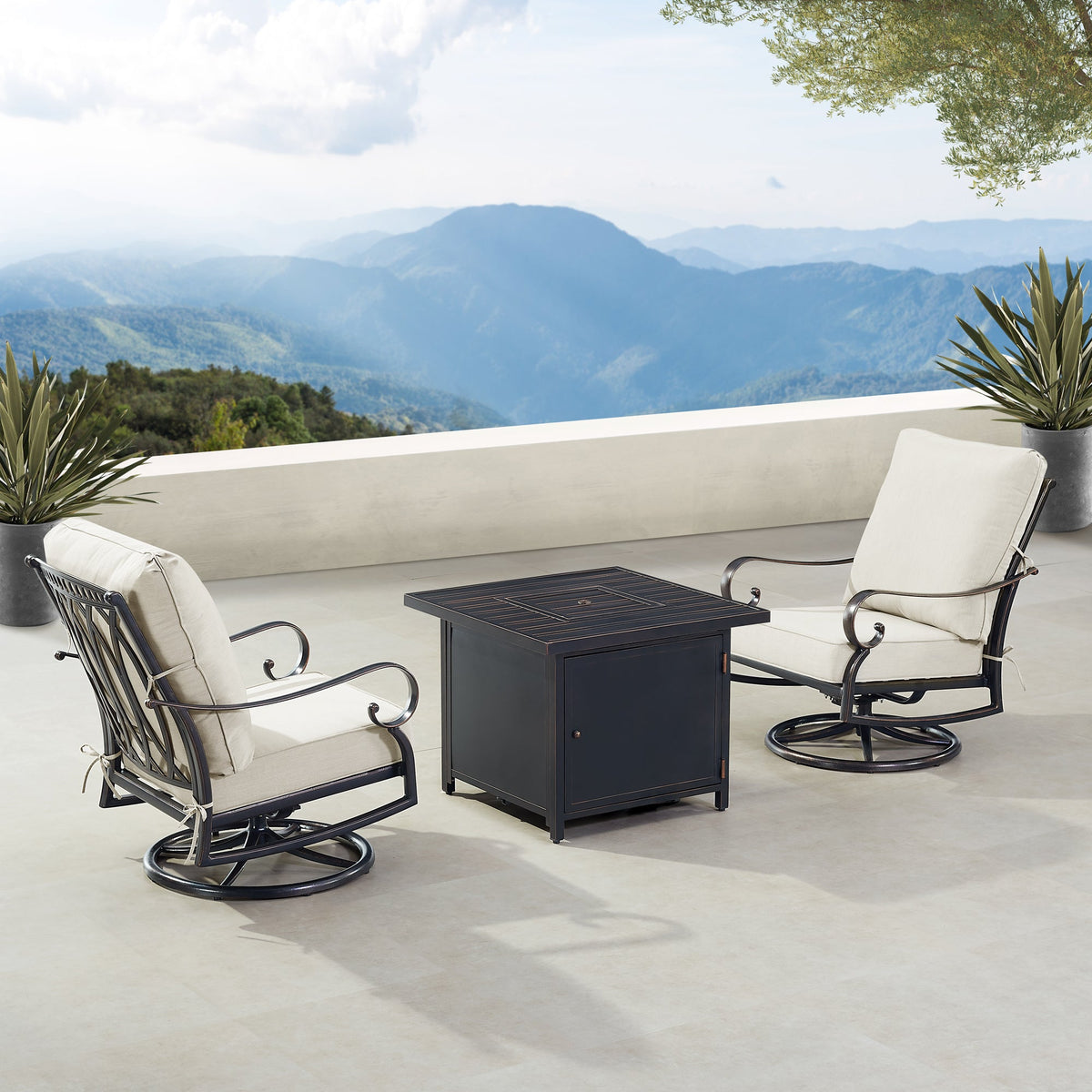Aluminum Fire Table Bistro Set with Two Club Chairs