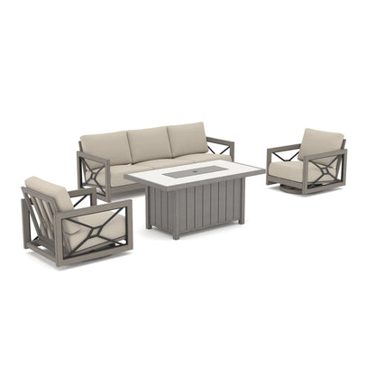 Marindo 4-Piece Faux-Wood Aluminum Swivel Patio Conversation Set with Fire Pit Table