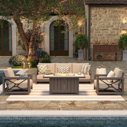 Marindo 4-Piece Faux-Wood Aluminum Swivel Patio Conversation Set with Fire Pit Table