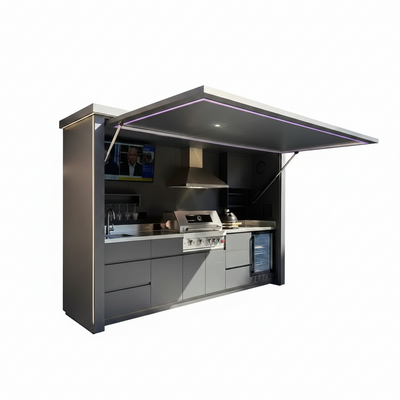 Customized Multi Functional Outdoor Kitchen BBQ Pod with Shelter Moisture Resistant Stainless Steel Outdoor Kitchen Patio Shed