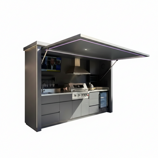 Customized Multi Functional Outdoor Kitchen BBQ Pod with Shelter Moisture Resistant Stainless Steel Outdoor Kitchen Patio Shed