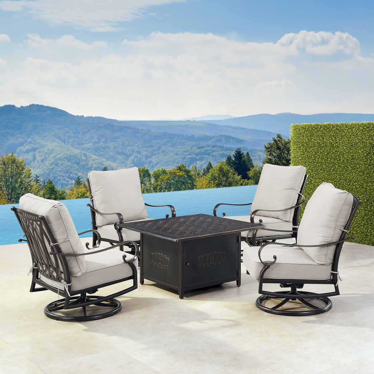 Aluminum Fire Table Set with Four Club Chairs