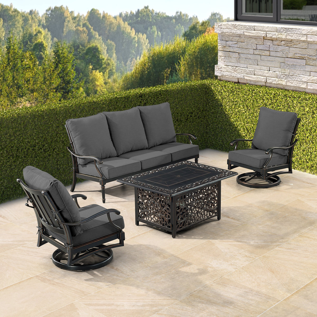 Black Aluminum Fire Table Set with Sofa and Two Club Chairs